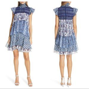 Diane von Furstenberg Matilda Tiered Mini Dress 2 Mixed Print Floral Blue